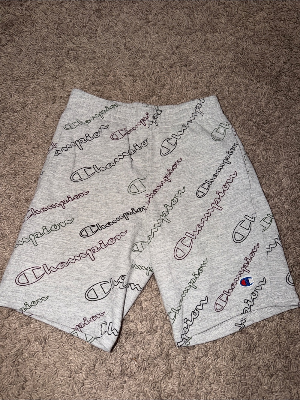 Champion Light Gray Allover Script Logo Men's Athletic Shorts